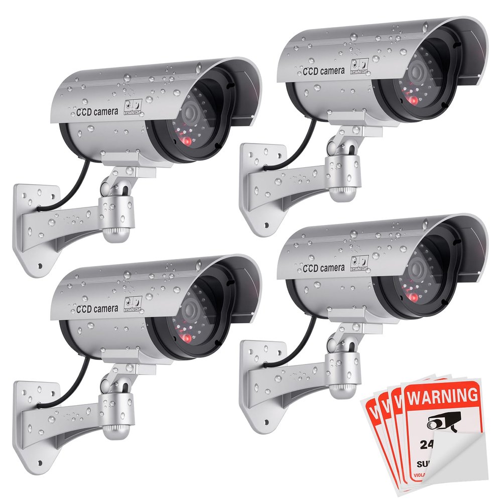 FITNATE Fake Camera, Dummy Camera CCTV Surveillance System with LED Red Flashing Light with 4 Safety Warning Stickers, Fake Security Camera for Outdoor & Indoor Use (4 Packs, Silver)
