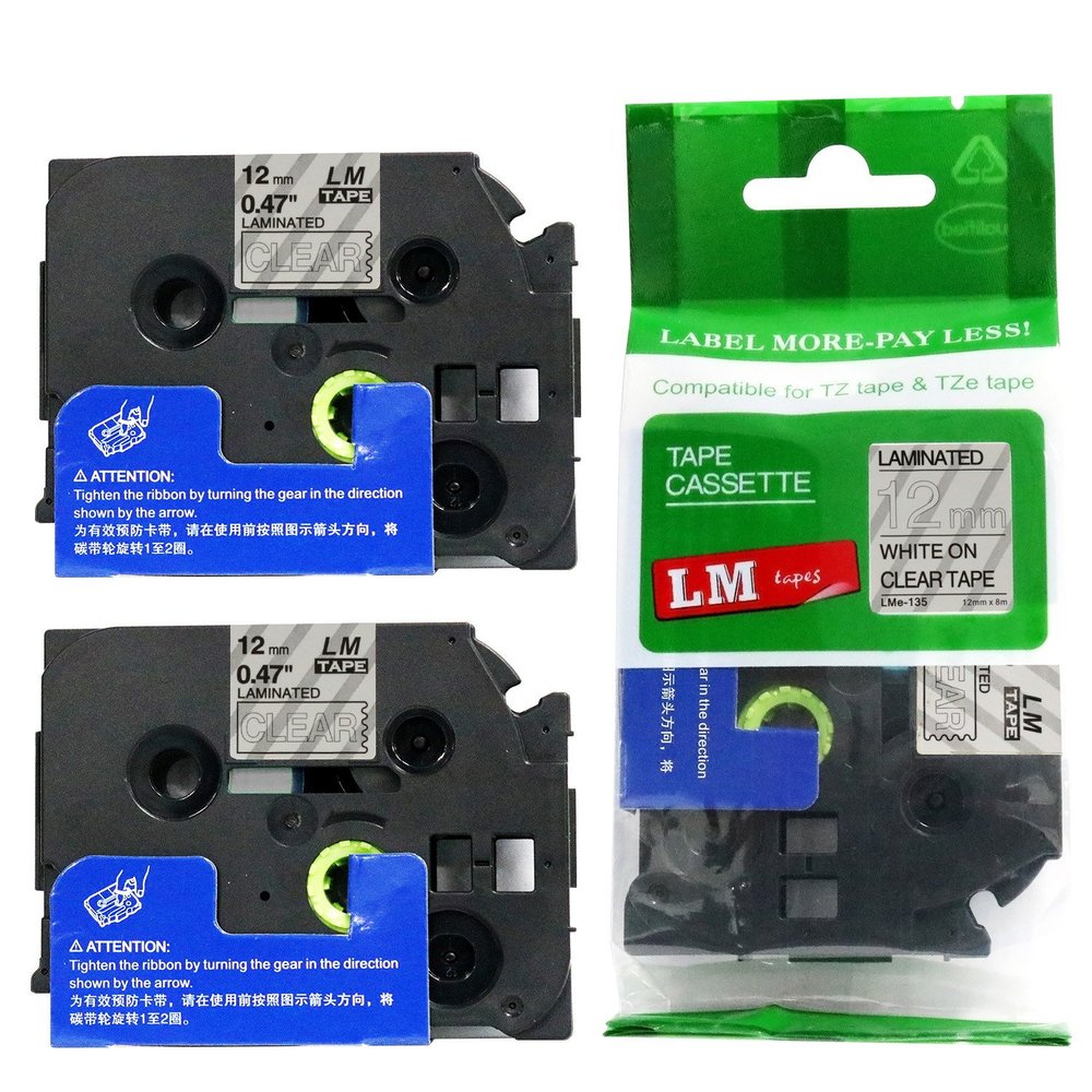 2/Pack - LM Tapes Compatible TZe-135 White on Clear p-Touch Label Tape, 12mm Laminated replacment TZe135 Tape, TZ135 0.47" White Ink on Clear Label with a Great Color/Size Guide.
