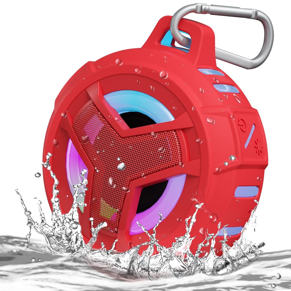 EBODA Bluetooth Shower Speaker, Waterproof Portable Speakers IPX7 Floating, True Wireless Stereo BT 5.0 Speaker with Bass, 2000mAh LED Light for Shower, Pool, Beach, Gifts for Women- Red
