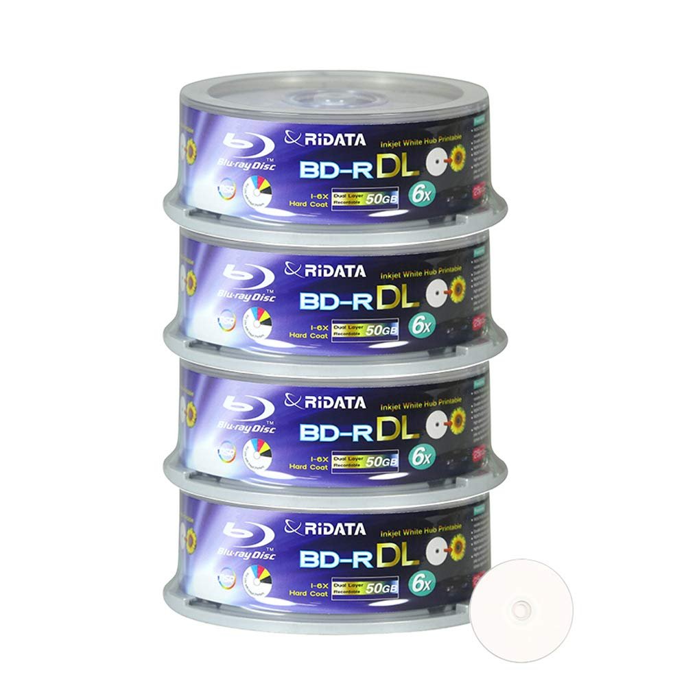100 Pack Ridata Blu-ray BD-R DL Dual Layer 6X 50GB White Inkjet Hub Printable Recordable Blank Media Disc with Spindle Packing