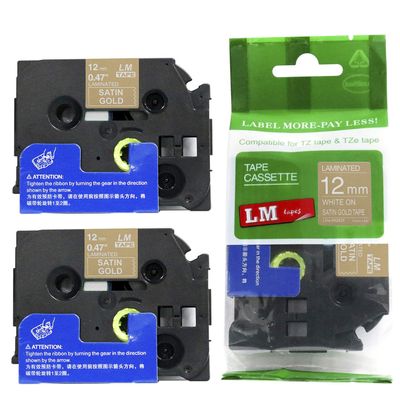 2/Pack - LM Tapes Compatible TZe-MQ835 White on Satin Gold p-Touch Label Tape, 12mm Laminated replacment TZeMQ835 Tape, TZMQ835 0.47" White Ink on Satin Gold Label with a Great Color/Size Guide.