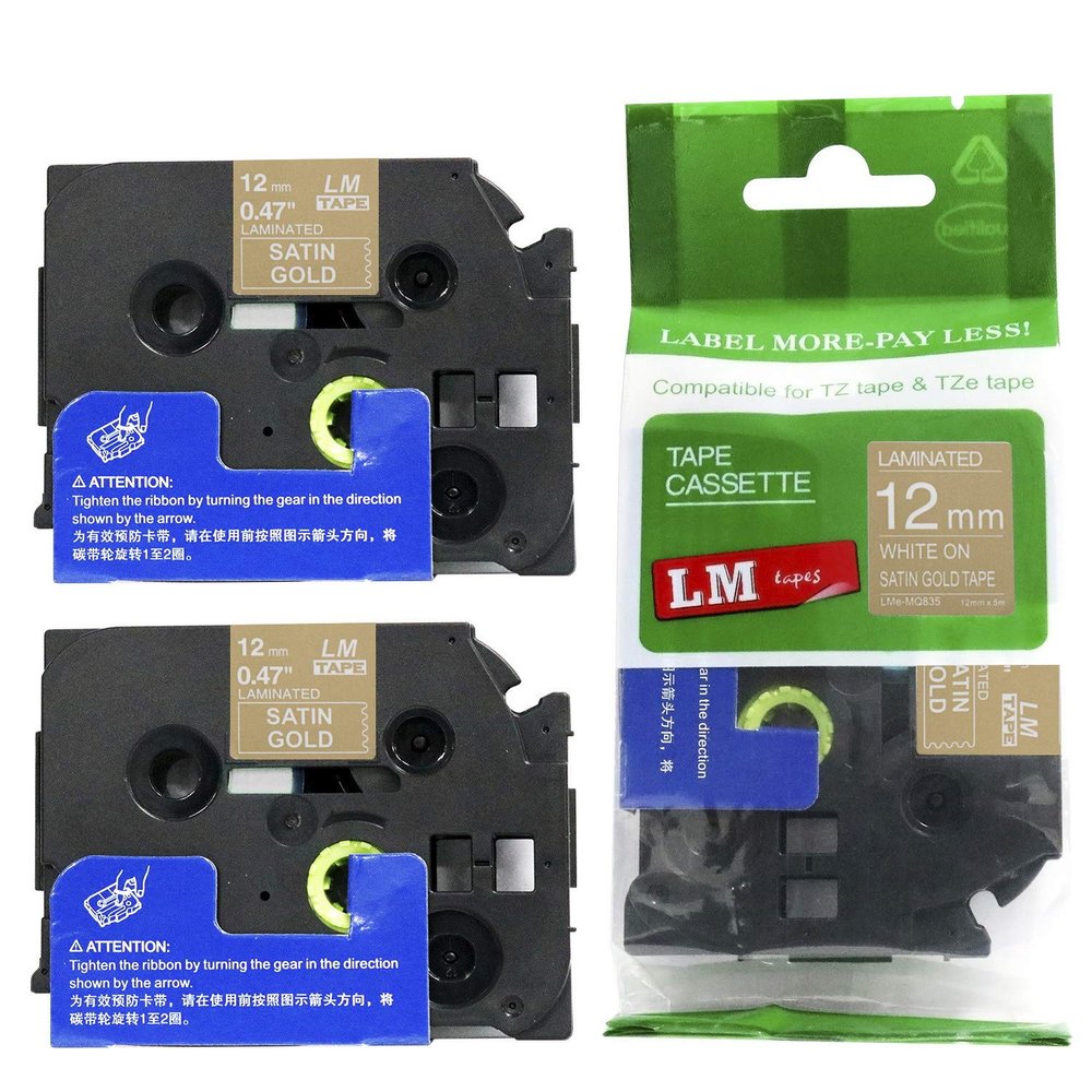 2/Pack - LM Tapes Compatible TZe-MQ835 White on Satin Gold p-Touch Label Tape, 12mm Laminated replacment TZeMQ835 Tape, TZMQ835 0.47" White Ink on Satin Gold Label with a Great Color/Size Guide.