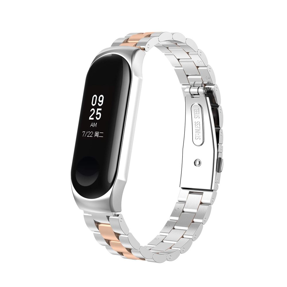 DKEnjoy Stainless Steel Replacement Band Accessory Watch Strap Wristband Bracelet Compatible for Xiaomi Mi Band 3 Fitness Tracker (Silver/Rose Gold)