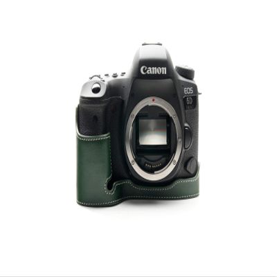 6D Mark II Camera Case, BolinUS Handmade Genuine Real Leather Half Camera Case Bag Cover for Canon Eos 6D Mark II Camera Bottom Opening Version + Hand Strap (Green)