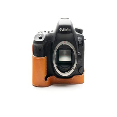 6D Mark II Camera Case, BolinUS Handmade Genuine Real Leather Half Camera Case Bag Cover for Canon Eos 6D Mark II Camera Bottom Opening Version + Hand Strap (Yellow)