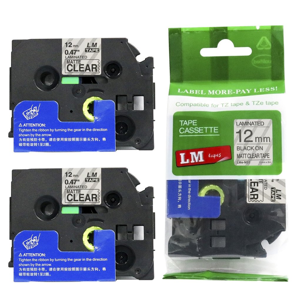 2/Pack - LM Tapes Compatible TZe-M31 Black on Matte Clear p-Touch Label Tape, 12mm Laminated replacment TZeM31 Tape, TZM31 0.47" Black Ink on Clear Matte Label.