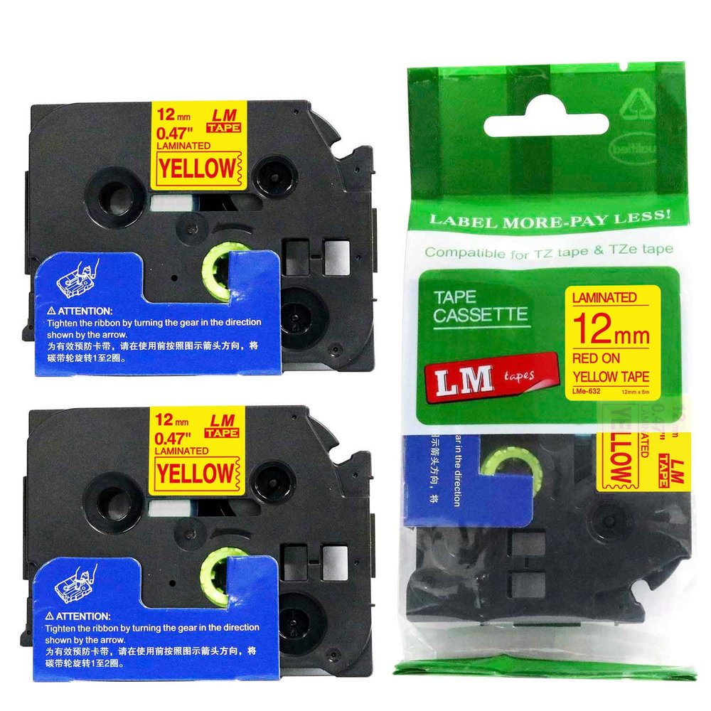 2/Pack - LM Tapes Compatible TZe-632 Red on Yellow p-Touch Label Tape, 12mm Laminated replacment TZe632 Tape, TZ632 0.47" Red Ink on Yellow Label with a Great Color/Size Guide.