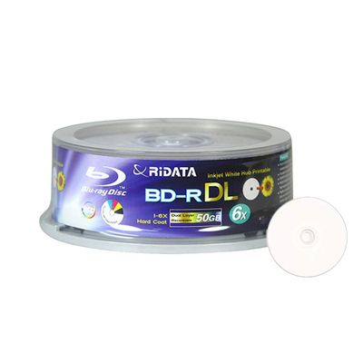 25 Pack Ridata Blu-ray BD-R DL Dual Layer 6X 50GB White Inkjet Hub Printable Recordable Blank Media Disc with Spindle Packing