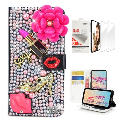 STENES Bling Wallet Case Compatible with LG Stylo 5 / Stylo 5V / Stylo 5 Plus - Stylish - 3D Handmade Lipstick Flowers Lips Girls High-Heel Leather Cover with Screen Protector [2 Pack] - Rose Red