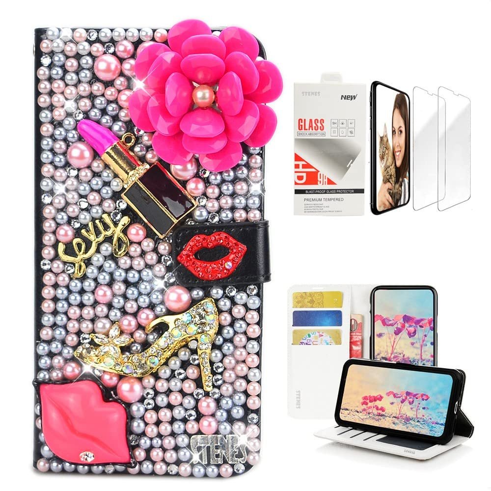 STENES Bling Wallet Case Compatible with LG Stylo 5 / Stylo 5V / Stylo 5 Plus - Stylish - 3D Handmade Lipstick Flowers Lips Girls High-Heel Leather Cover with Screen Protector [2 Pack] - Rose Red