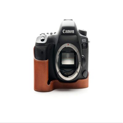 6D Mark II Camera Case, BolinUS Handmade Genuine Real Leather Half Camera Case Bag Cover for Canon Eos 6D Mark II Camera Bottom Opening Version + Hand Strap (LavaBrown)