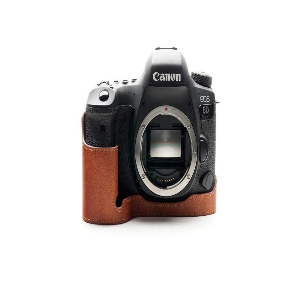 6D Mark II Camera Case, BolinUS Handmade Genuine Real Leather Half Camera Case Bag Cover for Canon Eos 6D Mark II Camera Bottom Opening Version + Hand Strap (LavaBrown)
