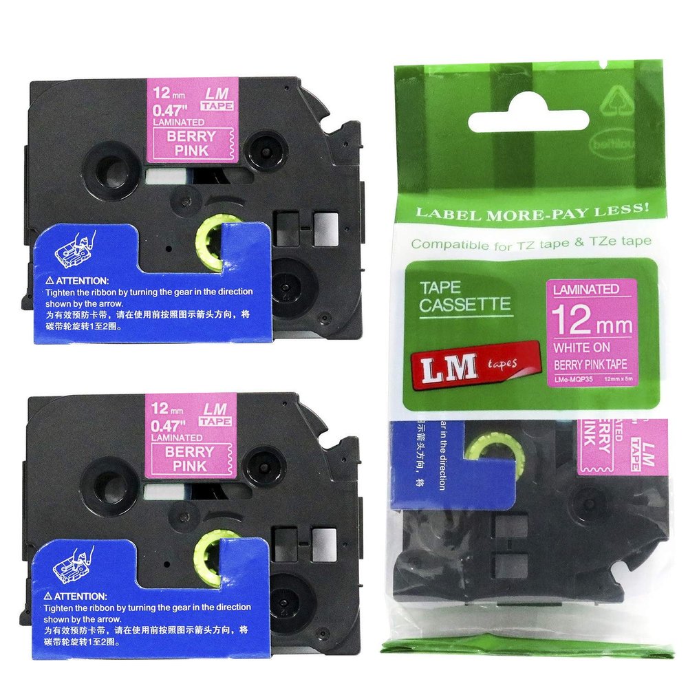 2/Pack - LM Tapes Compatible TZe-MQP35 White on Berry Pink p-Touch Label Tape, 12mm Laminated replacment TZeMQP35 Tape, TZMQP35 0.47" White Ink on Berry Pink Label with a Great Color/Size Guide.