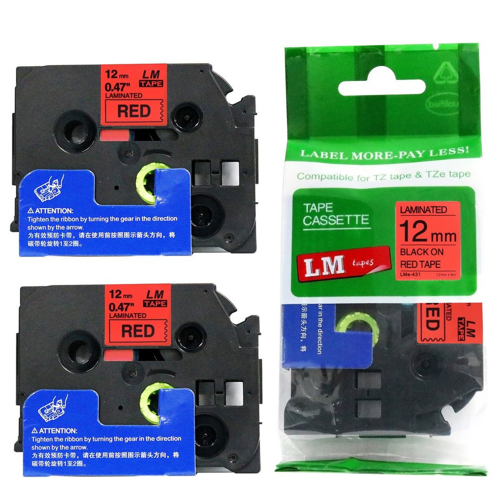 2/Pack - LM Tapes Compatible TZe-431 Black on Red p-Touch Label Tape, 12mm Laminated replacment TZe431 Tape, TZ431 0.47" Black Ink on Red Label with a Great Color/Size Guide.