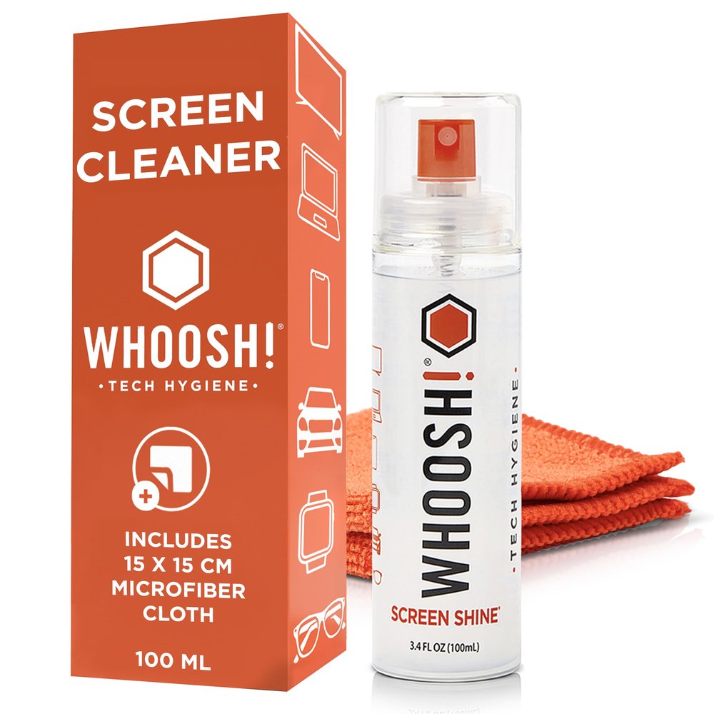 WHOOSH! Screen Shine Go XL - 3.4 fl oz with Microfiber Cloth - Powerful Streak-Free Screen Cleaner Spray and Wipe for MacBook, Laptop, Car, Eyeglasses & Phone - Sleek Bottle for Home, Work or Travel