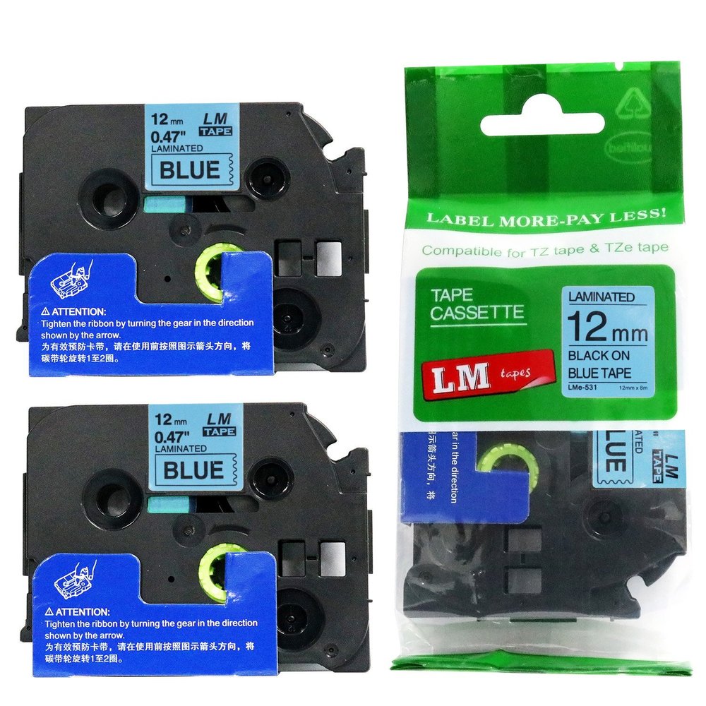 2/Pack - LM Tapes Compatible TZe-531 Black on Blue p-Touch Label Tape, 12mm Laminated replacment TZe531 Tape, TZ531 0.47" Black Ink on Blue Label with a Great Color/Size Guide.