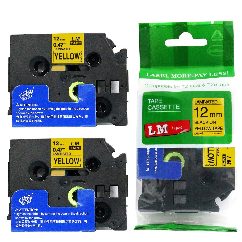 2/Pack - LM Tapes Compatible TZe-631 Black on Yellow p-Touch Label Tape, 12mm Laminated replacment TZe631 Tape, TZ631 0.47" Black Ink on Yellow Label with a Great Color/Size Guide.