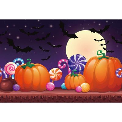 Dorcev Halloween Photography Backdrop - Moon Night Pumpkin and Candy On The Wooden Table Party Banner Wallpaper Photo Studio Props