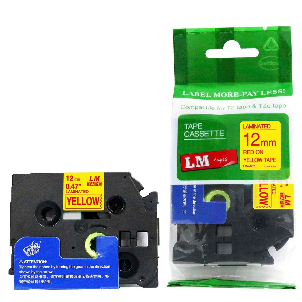 1/Pack LM Tapes - LMe632 Premium 1/2" Red Print on Yellow Label Compatible with P-Touch TZe-632 Tape TZ-632 and Includes a Nice Tape Color/Size Guide. Replaces 12mm 0.47 Laminated