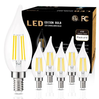 GOLSPARK E12 Candelabra LED Bulb Dimmable, 60W Equivalent 4000K Daylight Type B Chandelier Light Bulbs, E12 Base Vintage Filament Flame Tip Clear Glass Candle Bulbs, 550Lumen, Pack of 6