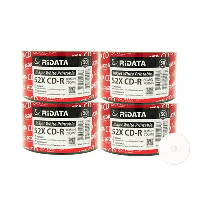200 Pack Ridata CD-R 52X 700MB 80Min White Inkjet Hub Printable Blank Media Recordable Disc