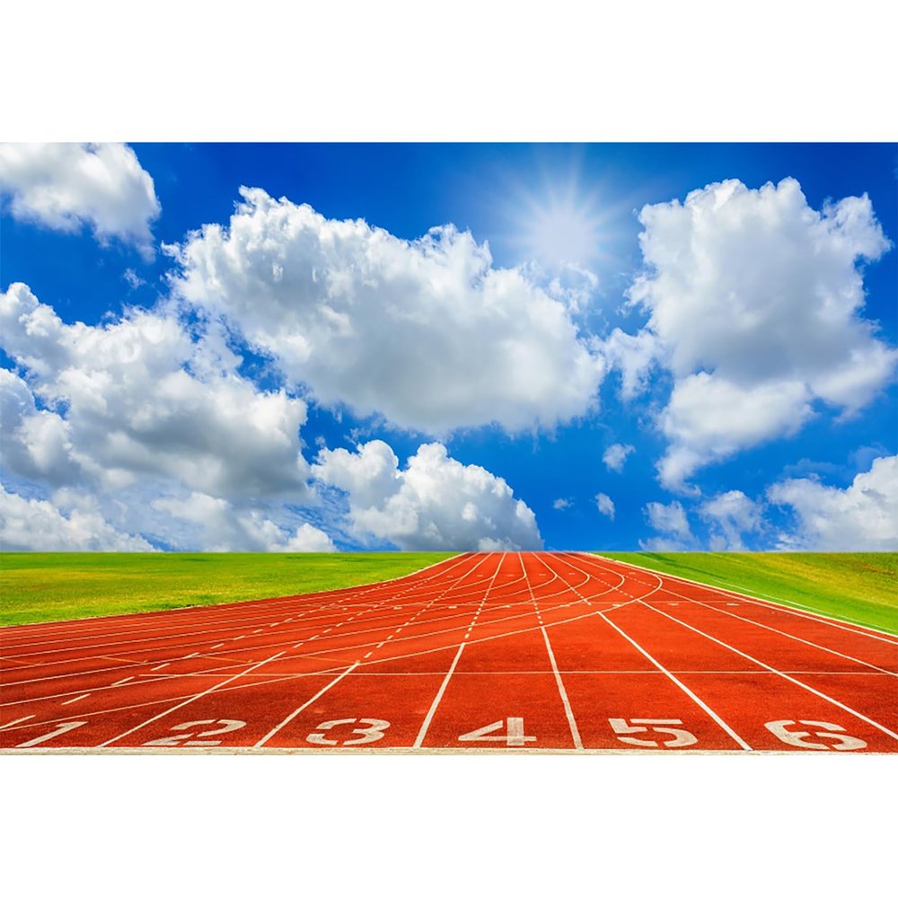 Baocicco 8x6.5ft Race Course Match Red Running Tracks Backdrop Photography Background Blue Sky White Clouds Green Grass Sports Game Sports Theme Sports Club Sport Field Vinyl Photo Studio Props