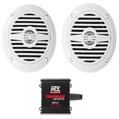 2 Rockville MS40W White 4" 200 Watt Speakers+MTX Amplifier for ATV/UTV/Cart