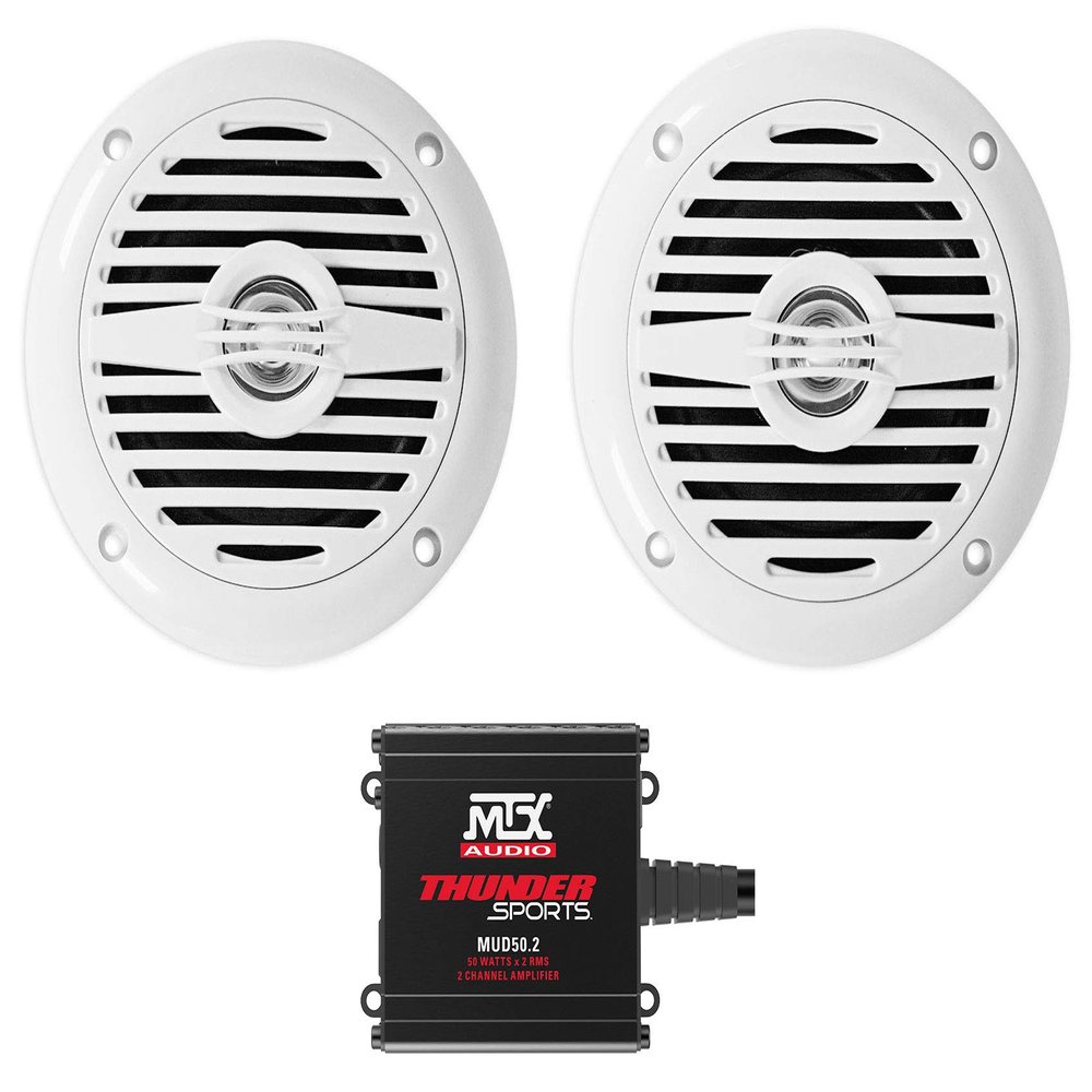 2 Rockville MS40W White 4" 200 Watt Speakers+MTX Amplifier for ATV/UTV/Cart