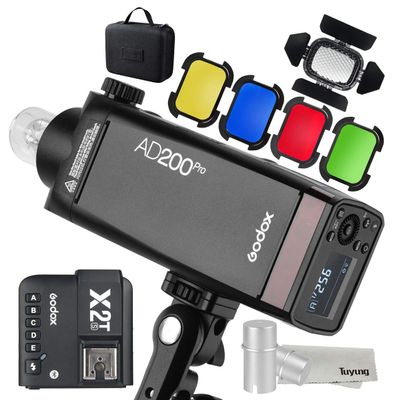 GODOX AD200Pro 200W 2.4G Speedlite Pocket Flash Strobe with X2T-S Trigger Transmission with BD-07 Barn Door Honeycomb Grid 4 Color Filter Kit and AD-S15 Flash Lamp Tube Bulb Protector Cover, for Sony