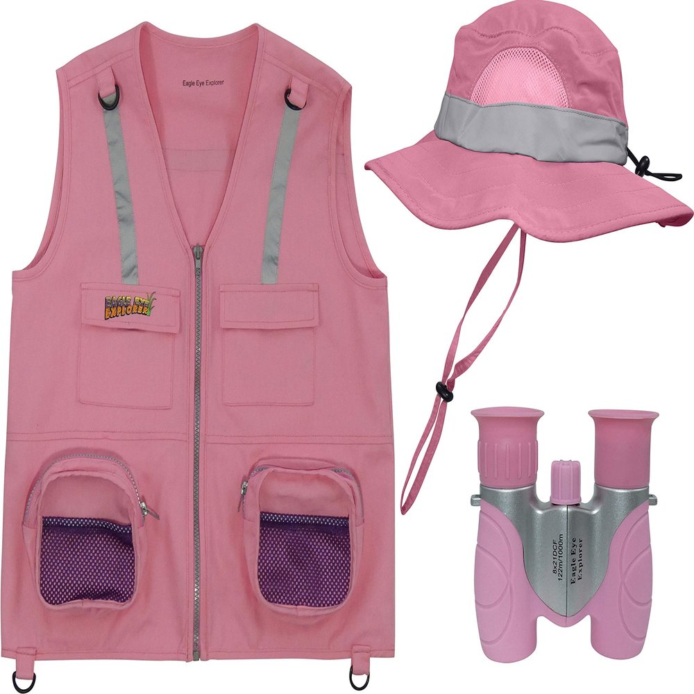 Eagle Eye Explorer Multi-Piece Set Cargo Vest with Reflective Safety Straps, 1 8x21 Magnification Binoculars and Safari Hat for Boys and Girls (Small/Medium, Pink)