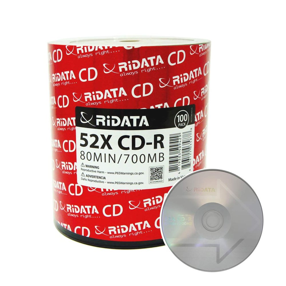 100 Pack Ridata CD-R 52X 700MB 80Min Branded Logo Blank Media Recordable Disc