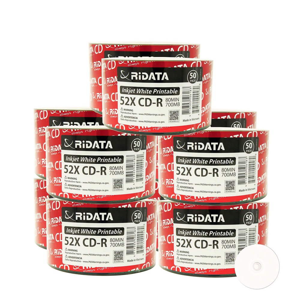 500 Pack Ridata CD-R 52X 700MB 80Min White Inkjet Hub Printable Blank Media Recordable Disc