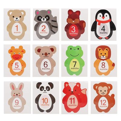 Biitfuu 12Pcs Baby Monthly Sticker Milestone Memories Photo Props Cartoon Animal Shaped for 1-12 Month Newborn Boys Girls