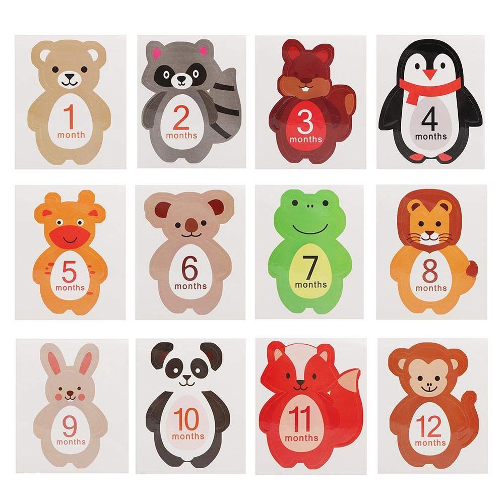 Biitfuu 12Pcs Baby Monthly Sticker Milestone Memories Photo Props Cartoon Animal Shaped for 1-12 Month Newborn Boys Girls