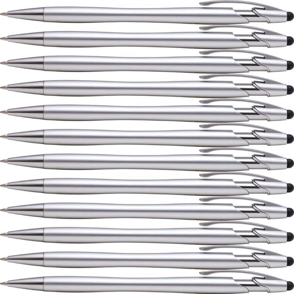 2 in 1 Capacitive Stylus & Ballpoint Pen Rubberized the Beemer Comfort Grip for Any Touchscreen Device (Box of 12, Silver)