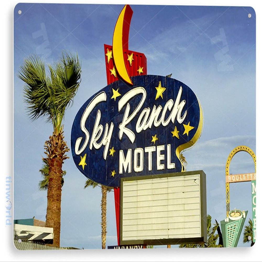 Tinworld Tin Sign: Sky Ranch Motel Sign Historic Retro Las Vegas Sign Neon Metal Decor C586