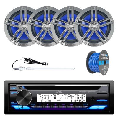 Single DIN Marine Bluetooth Stereo CD Receiver, 4x 6.5" 2-Way 180 Watt Water Resistant Charcoal Speakers, Wire, White Long Range AM/FM Radio Antenna