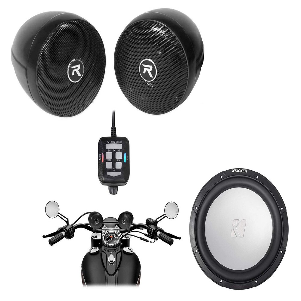KICKER 45KM104 10" 350w Peak/175w RMS Marine Boat Subwoofer SVC 4-ohm Sub KM10 Bundle with (2) Rockville RockNRide 3" Powered Bluetooth Metal Motorcycle Handlebar Speakers