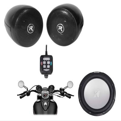 KICKER 45KMF122 12" 350w Peak/175w RMS Marine Boat Subwoofer Free Air Sub KMF12 Bundle with (2) Rockville RockNRide 3" Powered Bluetooth Metal Motorcycle Handlebar Speakers