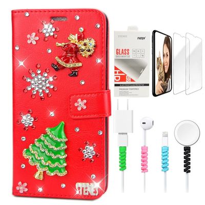 STENES Bling Wallet Phone Case Compatible with iPod Touch 5th/6th/7th - Stylish - 3D Handmade Santa Claus Christmas Tree Snow Leather Cover with Screen Protector & Cable Protector - Red