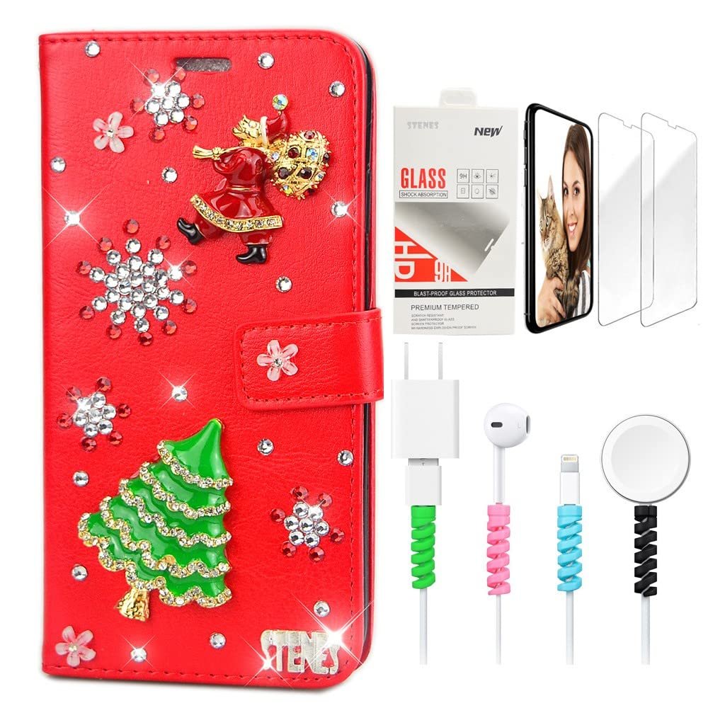 STENES Bling Wallet Phone Case Compatible with iPod Touch 5th/6th/7th - Stylish - 3D Handmade Santa Claus Christmas Tree Snow Leather Cover with Screen Protector & Cable Protector - Red