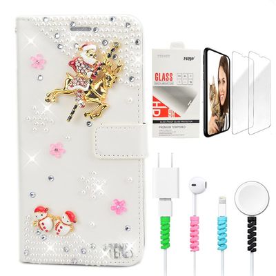 STENES Bling Wallet Phone Case Compatible with iPod Touch 5th/6th/7th - Stylish - 3D Handmade Santa Claus Elk Snowman Design Leather Cover with Screen Protector & Cable Protector - White