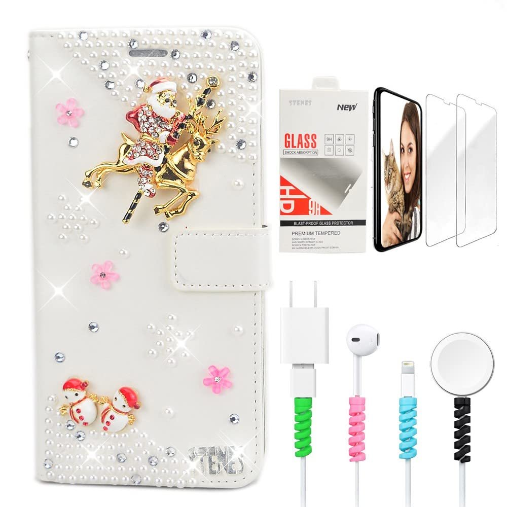 STENES Bling Wallet Phone Case Compatible with iPod Touch 5th/6th/7th - Stylish - 3D Handmade Santa Claus Elk Snowman Design Leather Cover with Screen Protector & Cable Protector - White