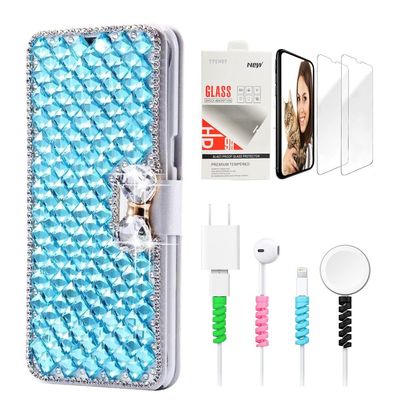 STENES Bling Wallet Phone Case Compatible with iPod Touch 5th/6th/7th - Stylish - 3D Handmade Lattice Bowknot Design Leather Cover with Screen Protector & Cable Protector - Light Blue