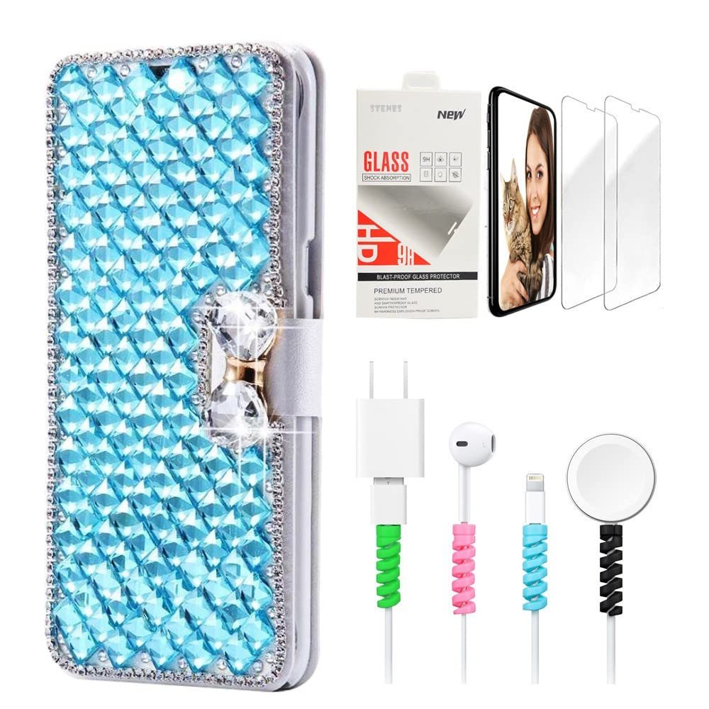 STENES Bling Wallet Phone Case Compatible with iPod Touch 5th/6th/7th - Stylish - 3D Handmade Lattice Bowknot Design Leather Cover with Screen Protector & Cable Protector - Light Blue