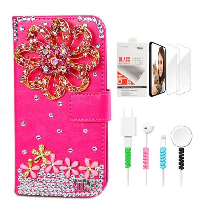 STENES Bling Wallet Phone Case Compatible with iPod Touch 5th/6th/7th - Stylish - 3D Handmade Luxury Flowers Floral Design Leather Cover with Screen Protector & Cable Protector - Hot Pink