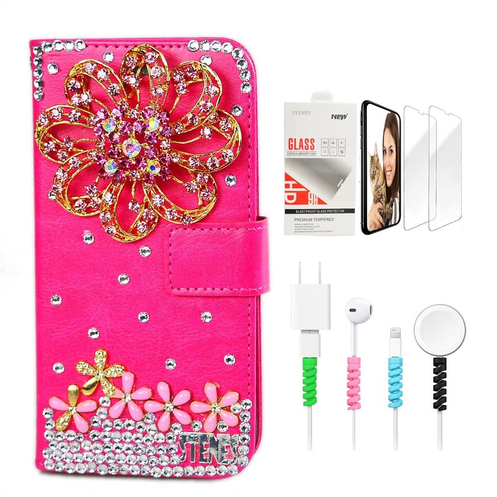 STENES Bling Wallet Phone Case Compatible with iPod Touch 5th/6th/7th - Stylish - 3D Handmade Luxury Flowers Floral Design Leather Cover with Screen Protector & Cable Protector - Hot Pink
