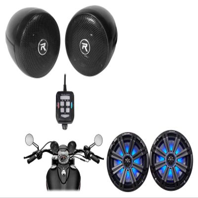 KICKER Pair 45KM84L 8" 600 Watt Marine Boat Waterproof Speakers w/LED's KM8 Bundle with (2) Rockville RockNRide 3" Powered Bluetooth Metal Motorcycle Handlebar Speakers