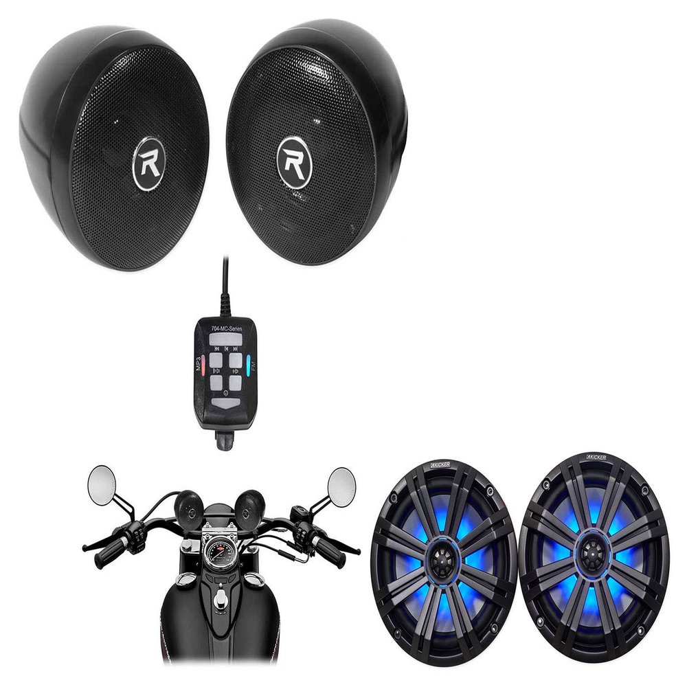 KICKER Pair 45KM84L 8" 600 Watt Marine Boat Waterproof Speakers w/LED's KM8 Bundle with (2) Rockville RockNRide 3" Powered Bluetooth Metal Motorcycle Handlebar Speakers