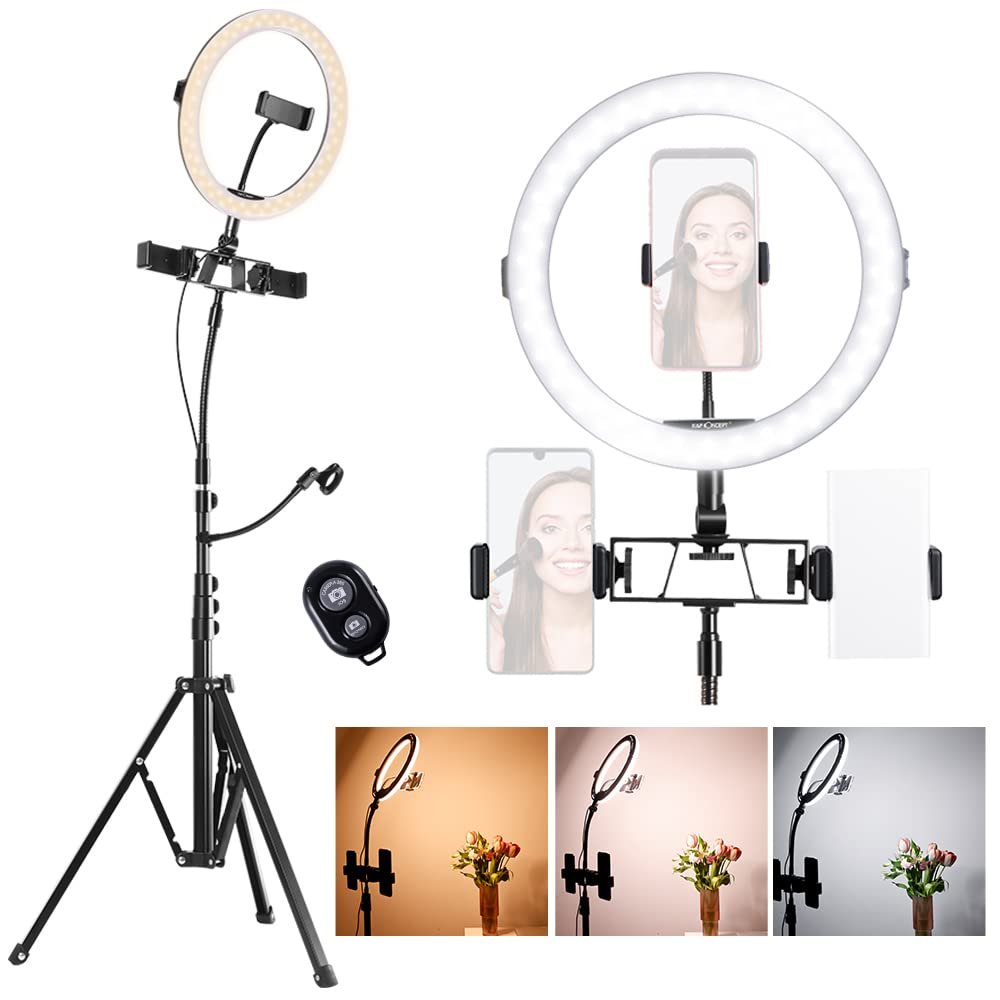 K&F Concept Selfie Ring Light,11 inch(28 cm) Ring Light with 78.7 inch (200cm) Tripod and Phone Holders, 3 Color Modes, Bluetooth Remote Control Photography Lighting
